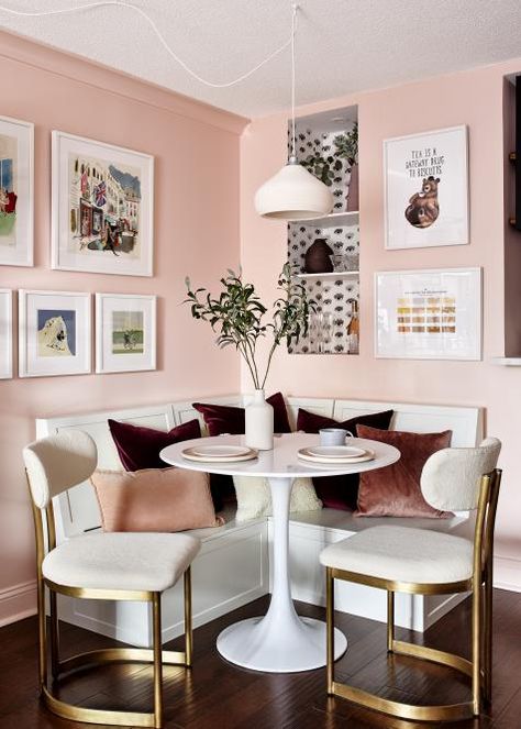 Photos | Zoe Feldman Design | HGTV Pink Dining Rooms, Colorful Apartment, Stylish Dining Room, Townhouse Designs, Stylish Apartment, Dining Room Storage, Dining Nook, Household Decor, Design Del Prodotto