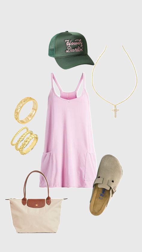 Girly, trucker hat, free people outfit inspired, Boston Birkenstock clogs, pink dress, casual outfit, comfy outfit, gold cross necklace Boston Birkenstock, Girly Casual, Concert Outfit Rock, Concert Attire, Birkenstock Clogs, Spring Attire, Girls Clothing Stores, Concert Fashion, Pink Dress Casual