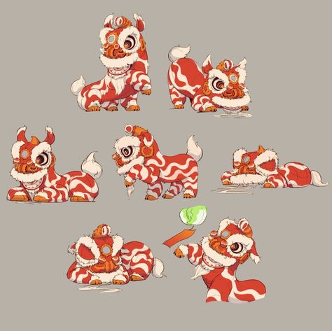 Lion Dance Illustration, Lion Character, Animal Concept, Lion Dragon, Chinese Lion Dance, Chinese Lion, Chinese New Year Dragon, Lion Illustration, Fu Dog