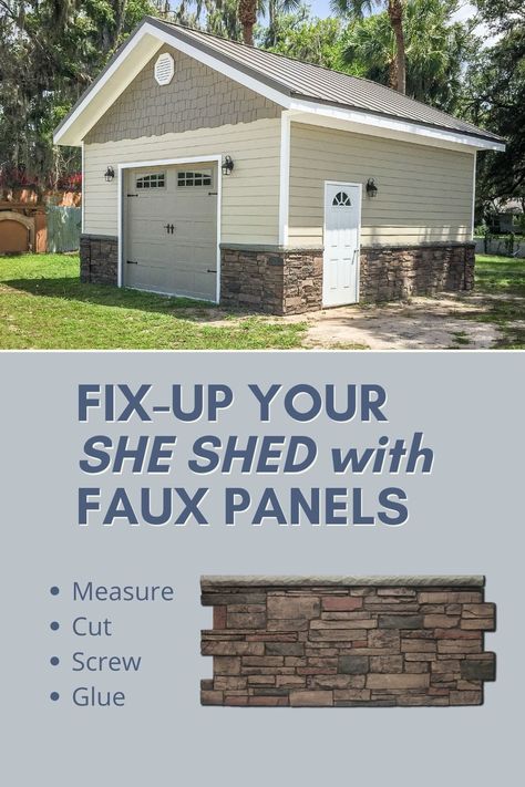 She Shed transformation with URESTONE Wainscot in Ledgestone, color Mocha. Faux Brick Underpinning, Outdoor Faux Brick Wall Panels, Faux Brick Garage Wall, Wainscoting Exterior Siding, Fake Brick Siding Exterior, Exterior Brick Panels, Add Brick To House Exterior, Faux Brick Wall Panels Exterior, Faux Brick Wall Outdoor