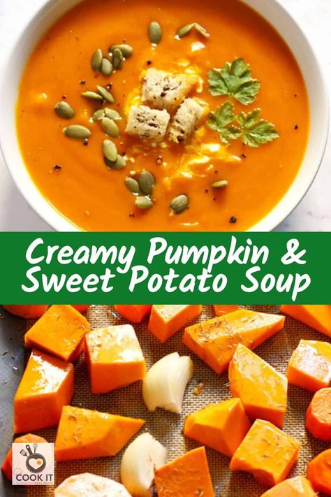 This healthy Pumpkin and Sweet Potato Soup is easy, comforting and full of flavour.  Pumpkin, sweet potato, carrot and onion are roasted, then pureed to produce a smooth and creamy soup.  This butternut squash and sweet potato soup is naturally gluten-free, dairy-free and whole30 friendly, and can easily be made vegan too.  Perfect for warming the whole family through winter. Potato Soup Recipes, Pumpkin Sweet Potato Soup, Pumpkin Sweet Potato, Butternut Squash Sweet, Roast Pumpkin Soup, Sweet Potato Soup Recipes, Pumpkin Soup Recipe, Potato Soup Recipe, Roast Pumpkin