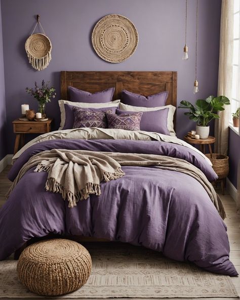 20 Fun Purple Boho Themed Bedrooms – ToolzView Purple And Tan Bedroom, Purple Celestial Bedroom, Dusty Purple Room, Purple Master Room, Purple Boho Bedroom Ideas, Purple Bedroom Inspirations, Purple Master Bedrooms Decor, Boho Bedroom Purple, Boho Purple Bedroom