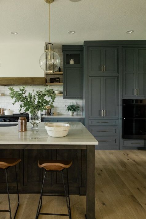 The Best Dark and Moody Paint Colors for Cabinets Dark Paint Cabinets Kitchen, Moody Gray Blue Paint, Moody Bright Kitchen, Dark Cabinet Colors, Iron Ore Kitchen Cabinets, Paint Colors For Cabinets, Moody Paint Colors, Mudroom Paint, Dark Gray Paint Colors