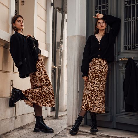 Leopard Print Skirt Outfit, Skirt Lookbook, Leopard Skirt Outfit, Casual Chic Winter, Printed Skirt Outfit, Outfits Skirt, Skirt Boots, Winter Styling, Print Skirts