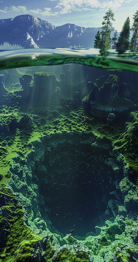 Photographic: Lake Inside a Crater Underwater Underwater Life Photography, Ocean Photography Underwater, Underwater Perspective, Underwater Reference, Half Underwater, Underwater Lake Photography, Underwater Base, Underwater Lake, Underwater River