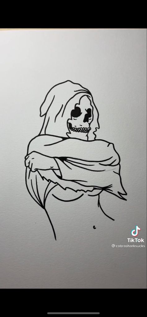 Beginner Tattoo Sketches, Horror Simple Tattoo, Cool And Simple Drawings, Tattoo Outline Designs For Men, Female Ghost Tattoo, Gory Tattoos For Women, Simple Horror Tattoo Ideas, Simple Creepy Tattoo Designs, Tattoo Design Drawings Thigh