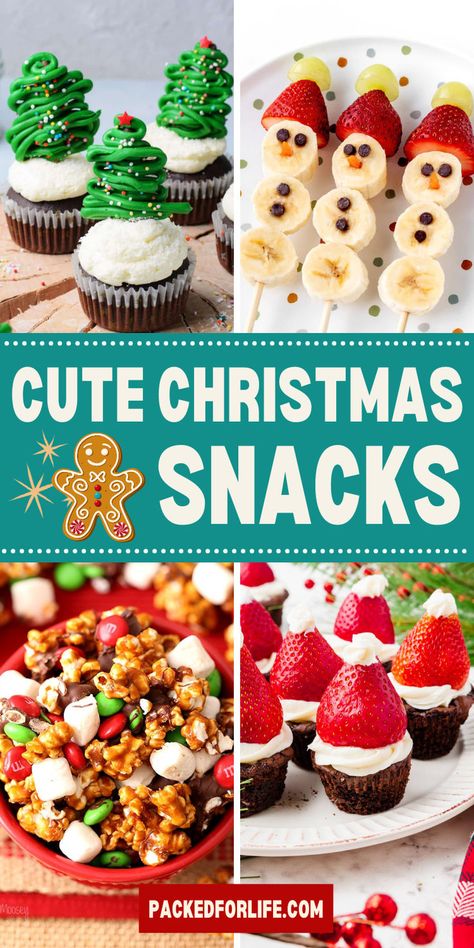 Cute Christmas snacks including Christmas tree cupcakes, Gingerbread popcorn, Santa Hats mini brownie bites and fruit snowman sticks. Sweet Christmas Snacks, Christmas Snacks For School, Christmas School Snacks, Fun Christmas Party Food, Grinch Pretzels, Christmas Party On A Budget, Snacks For School Healthy, Reindeer Bark, Christmas Finger Food Ideas