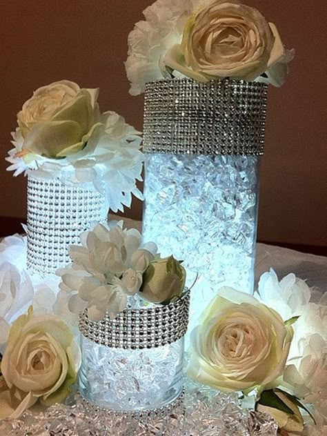 Vintage Hollywood Bridal Shower | Hollywood Regency or Old Hollywood style wedding or bridal shower ... Vase With Diamonds Inside, High End Centerpiece, Tafel Decor, Vase With Lights, Centre Pieces, Anniversary Parties, Decoration Table, Quince, The Table