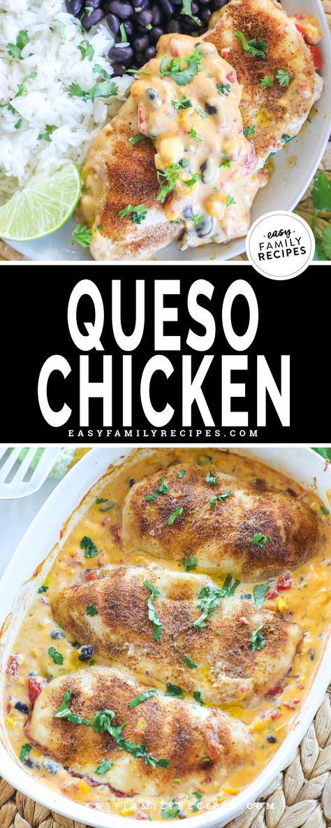 EASY Kid friendly dinner! Queso chicken is that new kid favorite meal you’ve been looking for! Parents love the simple, 5 minute prep too! Chicken is baked in cheese sauce that’s made using velveeta, tomatoes, beans, and corn. It’s a one-pan oven baked chicken dish that the whole family will be happily eating in no time. Easy clean up, hands off cooking, and gooey bubbly nacho cheese chicken make this an instant win for any family. Use it to make tacos, nachos, burritos, or enjoy it as is! Nacho Cheese Chicken, Queso Chicken Bake, Queso Chicken, Velveeta Recipes, Keto Savory, Cottage Recipes, Beans And Corn, Instant Family, Mexican Side Dishes