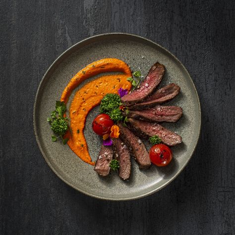 Bison Striploin with Romesco Sauce and Rapini | Noble Premium Bison Fine Dining Food Recipes, Fancy Food Plating, Restaurant Plating Ideas, Chefs Plate Recipes, Steak Plating Presentation, How To Plate Food Like A Pro, Plating Steak, Meat Plating, Steak Plating