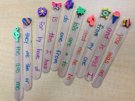 Reading pointers made with craft sticks & mini erasers. Kindergarten Trick Words included on the sticks that can be used as an extra activity if needed. Reading Pointers For Kids, Reading Pointers, Mini Erasers, Reading Night, Trick Words, Kindergarten Ela, Craft Sticks, English Fun, Toddler Learning Activities