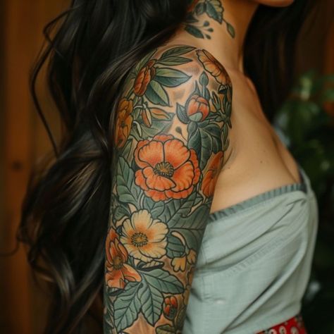 Colorful Floral Tattoo Sleeve, Butterfly Floral Tattoo Design, Full Color Sleeve Tattoos Women, Womens Full Sleeve Tattoo, Floral Half Sleeve Tattoo Upper Arm, Greenery Tattoo Sleeve, Sleeve Tattoos For Women Unique, Plant Sleeve Tattoo, Womens Half Sleeve Tattoo