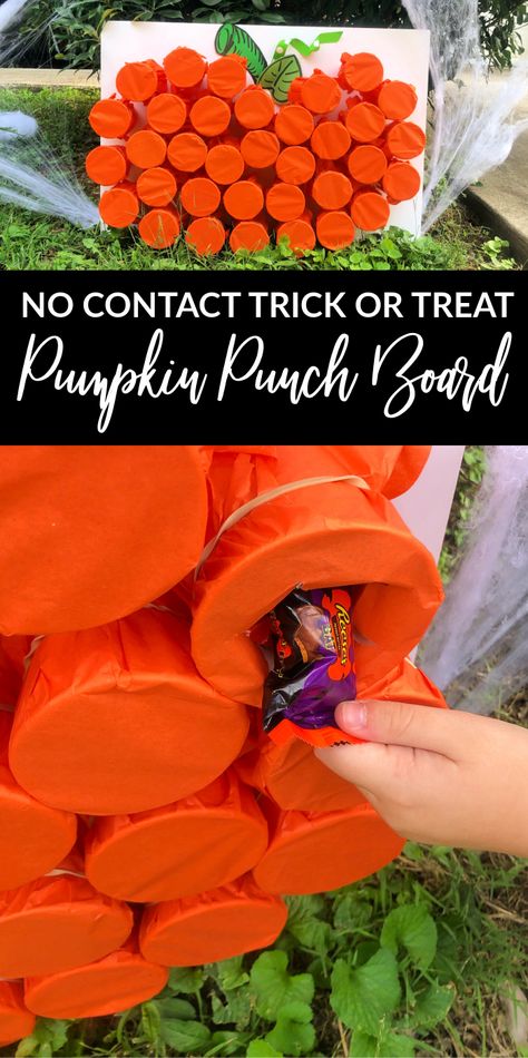 DIY Pumpkin Punch Board! How cute is this punch board for Halloween?! A No Contact Trick or Treat idea for Kids in the Neighborhood or a fun countdown till Halloween! #passion4savings #punchboard #halloween #pumpkin #treatideas Halloween Can Knock Down Game, Interactive Trick Or Treat Ideas, Punch Out Game Diy, Halloween Punch Out Board, Trick Or Treat Punch Game, Poke A Pumpkin Trunk Or Treat, Punch Pumpkin Game, Punch Board Game Diy Halloween, Easy Trick Or Treat Ideas