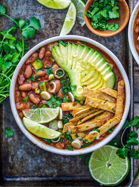 Bean Tortilla Soup, Vegan Tortilla Soup, Pinto Bean Soup, Pinto Bean Recipes, Pinto Bean, How To Cook Beans, One Pot Meal, Plant Based Food, Fire Roasted Tomatoes