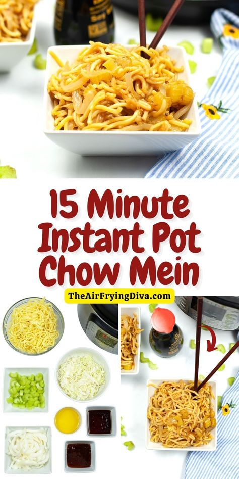 15 Minute Instant Pot Chow Mein, a simple and delicious meal or side recipe made in a pressure cooker. Vegan and Vegetarian. Read more at: https://theairfryingdiva.com/15-minute-instant-pot-chow-mein/ #instantpot #instapot #pressurecooker #chowmein Instant Pot Chow Mein, Homemade Chow Mein, Creamy Mushroom Chicken, Easy Meals For College Students, Diet Desserts, Chow Mein, Fun Easy Recipes, Side Recipes, Vegan Dinner Recipes