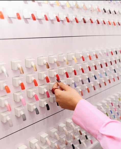 Nail Salon Display, Nail Shop Ideas, Nails Interior Design, Nail Color Display Ideas, Nail Colour Display Ideas, Diy Nail Color Display, Nail Polish Organization Wall, Nail Shop Design, Nail Polish Display Ideas