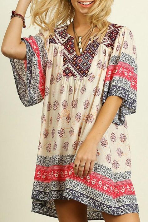 Umgee USA Printed Peasant Dress Indie Chic, Umgee Clothing, Boho Dress Short, Summer Shift Dress, Dress With Split, Stylish Short Dresses, Usa Clothing, Boho Beauty, Bohemian Lifestyle