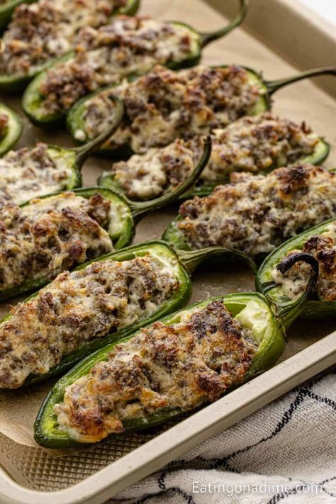 Sausage Stuffed Jalapeños Recipe Sausage Stuffed Jalapeno Peppers, Stuffed Jalapenos Cream Cheese, Jalapeno Poppers With Sausage, Crowd Pleaser Appetizers, Sausage Stuffed Jalapenos, Jalapeno Bites, Cream Cheese Stuffed Jalapenos, Stuffed Jalapeños, Sausage Cream Cheese