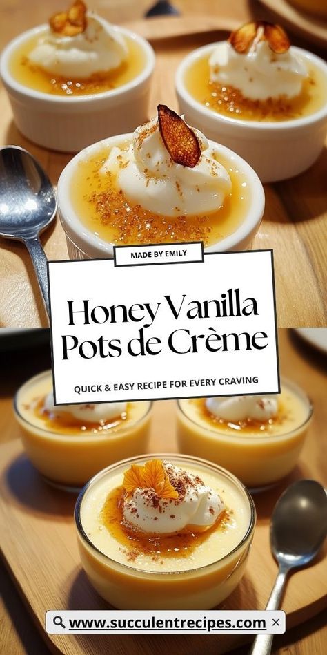 Honey Vanilla Pots de Crème offer a silky smooth texture with a blend of floral honey and rich vanilla. Perfect for dinner parties or a sweet treat at the end of a meal, this dessert is sure to impress. Honey Dessert, Custard Desserts, Dessert Spread, Creamed Honey, Vanilla Custard, Creamy Desserts, Creamed Eggs, Holiday Desserts, Creative Food