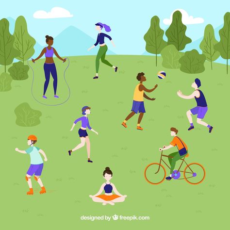 Free Vector | People doing outdoor leisure activities with flat design Magic Spoon, Paint People, Gesture Drawings, Soccer Backgrounds, People Illustrations, Web Illustration, Family Vector, Flat Background, Infographic Poster