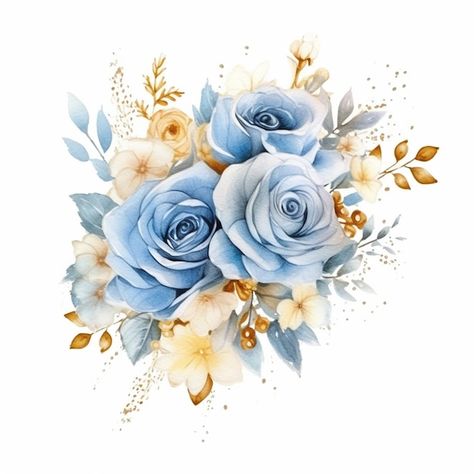 Há um buquê de rosas azuis e flores amar... | Premium Photo #Freepik #photo #rosas #fundo-azul #azul-amarelo #azul Blue And Gold Flower Wallpaper, Blue Flower White Background, Blue Flower Png, Sky Blue Floral Background, Blue Flowers Transparent Background, Wedding Scrapbook Pages, Stickers Art, Wedding Frame, Floral Border Design