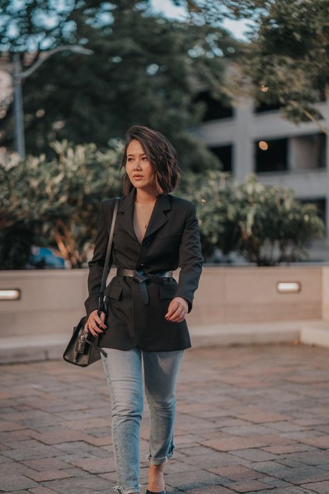 20191011 - Style & Senses - An Trieu - Mejuri Jeans Zara Blazer Belted YSL Jimmy Choo -37 Black Blazer With Belt, Belt Over Blazer, Black Fitted Belted Blazer, Isabel Marant Knot Belt Outfit, Belted Blazer Outfit, Black Belt Outfit, Brand Background, Isabel Marant Belt, Blazer With Belt