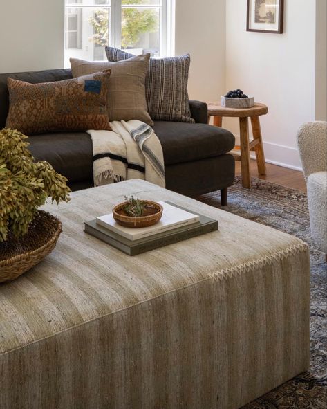 Amber Interiors Ottoman, Farmhouse Front Room, Sage Sofa Living Room, Large Ottoman Living Room, Ottoman Coffee Table Living Room, Sage Sofa, Large Ottoman Coffee Table, Farmhouse Ottoman, Upholstered Ottoman Coffee Table