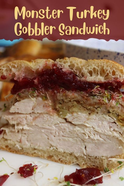 monster turkey gobbler sandwich cut in half showing a wall of fresh baked turkey, a layer of stuffing, cranberry sauce, thinly sliced onion and sprouts. served on an iggy's roll. Gobbler Sandwich, Turkey Gobbler Sandwich, Turkey Sandwich Recipes, Leftover Thanksgiving Sandwich, Thanksgiving Friendsgiving, How To Make Turkey, Alfalfa Sprouts, Thanksgiving Leftovers, Roll Ups