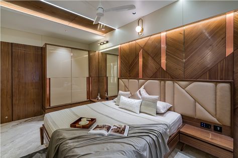 Residential Interior | Shayona Consultant | Ahmedabad – Interiorlover Projects Veneer Designs Ideas, Wall Bed Designs, Prashant Parmar, Veneer Design, Luxury Headboard, Bed Back Design, Bed Headboard Design, Head Board, Luxury Bedroom Design