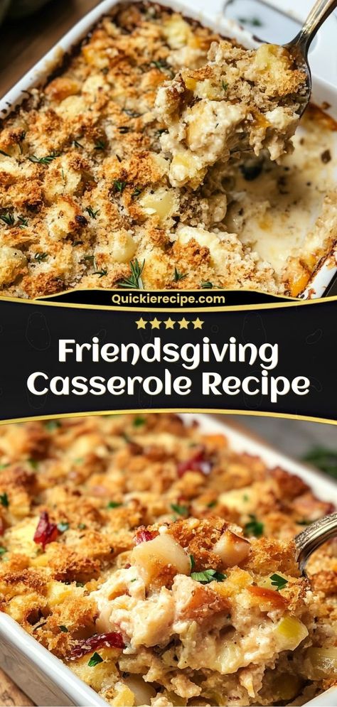 This Friendsgiving Casserole combines all your Thanksgiving favorites in one easy dish. Layers of turkey, stuffing, and creamy gravy are baked to golden perfection. It’s perfect for sharing with friends! Ingredients: 2 cups cooked turkey, shredded 2 cups prepared stuffing 1 cup gravy 1/2 cup cranberry sauce (optional, for layering) A simple, shareable casserole that’s perfect for Friendsgiving Thanksgiving In A Pan Casserole, Scalloped Turkey Casserole Recipes, Crowd Pleasing Casseroles Main Dishes, Best Easy Casserole Recipes, Lunch Casseroles Make Ahead, Pork Casseroles Dinners, Joanna Gaines Friendsgiving Casserole, Box Stuffing Casserole, New Years Casserole