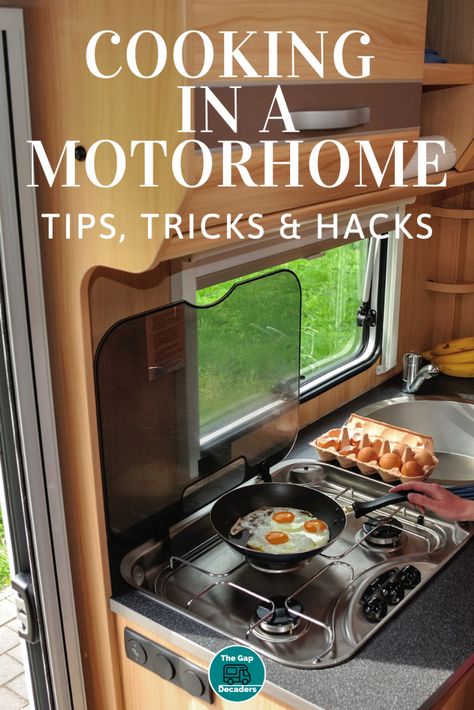 Motorhome & Campervan Cooking Tips, Tricks & Equipment | The Gap Decaders Campervan Cooking, Motorhome Life, Campervan Kitchen, Camper Van Kitchen, Motorhome Accessories, Van Kitchen, Motorhome Travels, Motorhome Interior, Camper Van Life