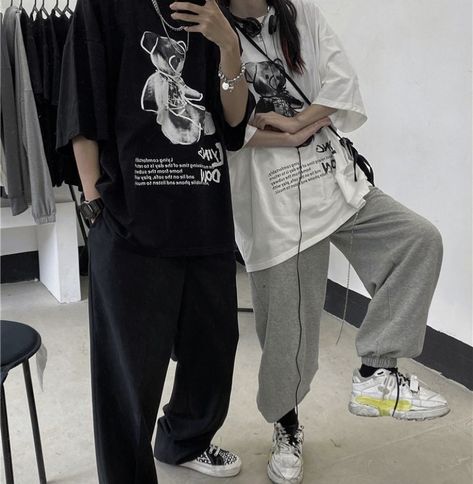 use code HNZCPF at YesStyle checkout! #shirt #koreanstyle #korean #yesstyle #streetwear #dark Matching Couple Outfits Korean, Couple Matching Outfits Aesthetic, Matching Outfits For Couples Aesthetic, Matching Couple Outfits Aesthetic, Couple Clothes Matching Outfits, Matching Outfits For Couples Casual, Matchy Outfit Couple, Couple Outfits Korean, Matching Clothes Couple