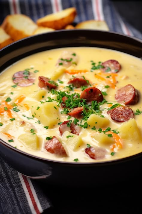 Indulge in the ultimate comfort with Kielbasa Potato Soup – a hearty Polish delight ready in just 40 minutes. Creamy, cheesy, and oh-so-satisfying! Potato And Andouille Sausage Soup, Bratwurst Potato Soup, Potato And Kielbasa Recipes, Cheese Sausage Potato Soup, Queso Potato Soup, Potato Soup Kielbasa, Polish Sausage And Potato Soup, Sausage Bacon Potato Soup, Cheesy Kielbasa Soup