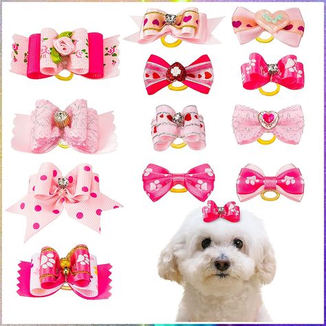 MTLEE 12 Pieces Small Dog Hair Bow Rubber Bands Cute Puppies Hair Bows Pink Doggies Cat Topknot Pet Headdress with Rhinestone Dog Hair Bow, Bows Pink, Pink Puppy, Dog Hair Bows, Hair Bow Sets, Pet Scarf, Pink Dog, Dog Bows, Girl And Dog