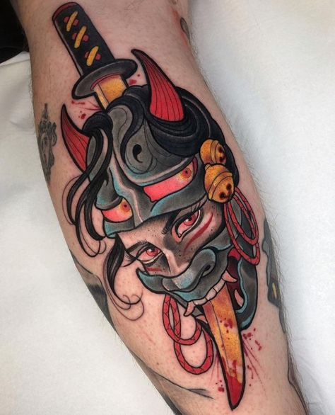 Japanese Colorful Tattoo, Neo Traditional Oni Mask Tattoo, Neo Trad Hanya Mask, Tattoo Ideas Neo Traditional, Namakubi Tattoo Traditional, Traditional Hannya Mask Tattoo, Neo Japanese Tattoo Designs, Neo Traditional Japanese Tattoo, Neo Japanese Tattoo