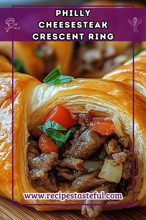 This delicious Philly Cheesesteak Crescent Ring combines savory shaved steak, colorful peppers, and melted provolone cheese, all wrapped in flaky crescent rolls. It's perfect for parties, game day, or a cozy family dinner! Crescent Roll Bread, Shaved Steak Recipe, Oven Cooked Steak, Shaved Steak, Cheesesteak Sandwich, Steak Dishes, Sauteed Peppers, Crescent Ring, Cheese Steak Sandwich