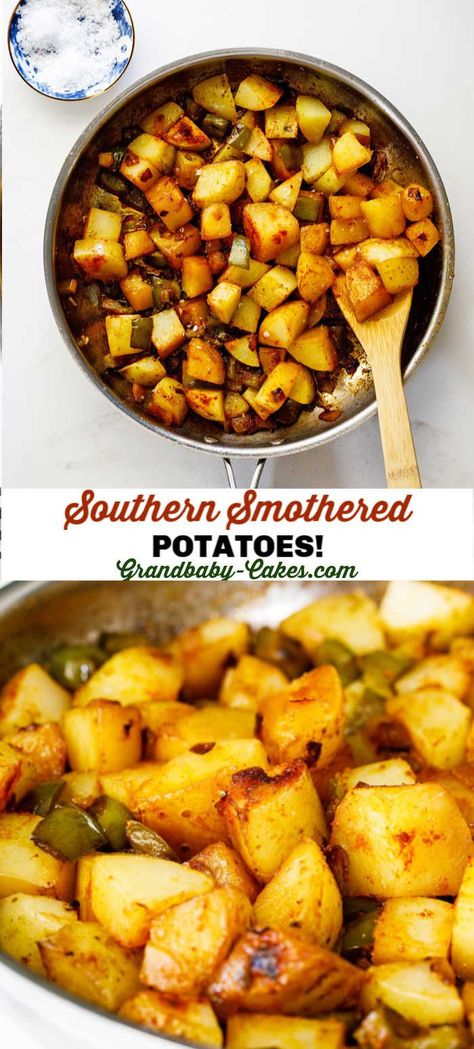 Made with sweet-starchy Yukon gold potatoes, creamy butter and smoky, aromatic spices, Smothered Potatoes make for the most incredibly flavorful side dish. These classic Southern spuds are soft, delicious and so darn easy to make! #potato #potatoes #smotheredpotatoes #sidedish #mashedpotatoes Gold Potato Recipes, Smothered Potatoes, Fall Baking Recipes, Gold Potatoes, Yukon Gold, Potato Side Dishes, Yukon Gold Potatoes, Classic Southern, Potatoes Recipe