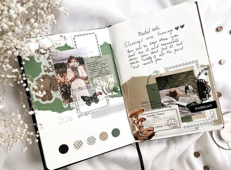 Artist Journal Pages, Cottagecore Scrapbook Ideas, Cottagecore Bullet Journal, Cottagecore Scrapbook, Cottagecore Journal, Artist Journal, Scrapbook Book, Bullet Journal Diy, Bullet Journal Design Ideas