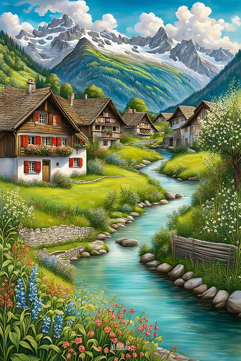 Explore the Charm of Switzerland's Scenic Villages 🇨🇭✨ #SwissBeauty #MountainMagic #ScenicVillages Beautiful Villages Nature, Switzerland Drawing, House By Lake, Switzerland Painting Wallpaper, Switzerland Art Illustrations, Switzerland Village, Swiss Alps Painting, Landscape Switzerland, Beautiful Scenery Paintings