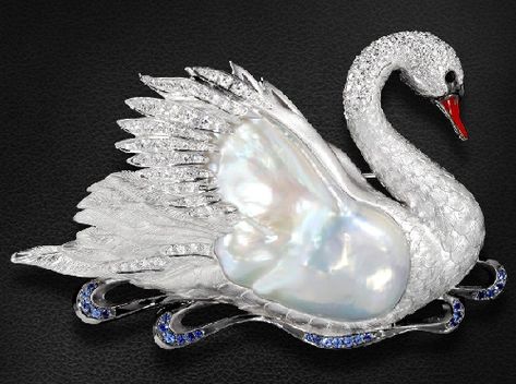 Brooch Swan with pearls, sapphires, enamel and diamonds in white gold Rings Ruby, Swan Jewelry, Swan Brooch, Jewerly Ring, Gold Baroque, White Swan, Diamond Brooch, Bird Jewelry, 판타지 아트