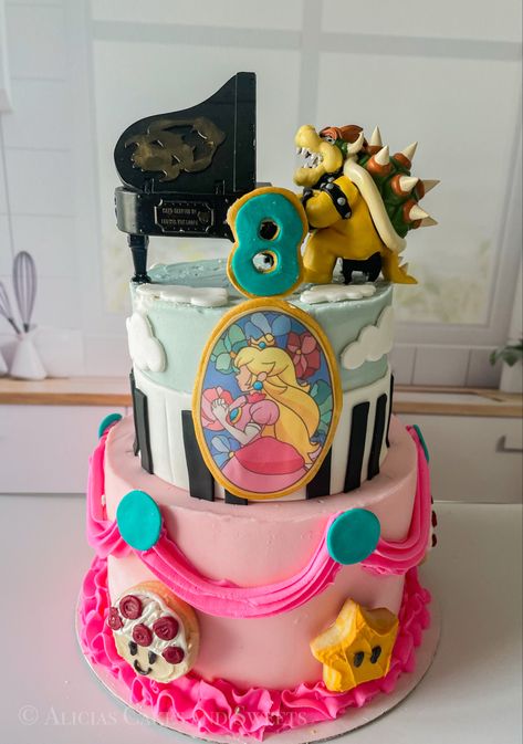 This cake was inspired by the peaches song Bowser sings in the new Super Mario Movie. My daughter loves princess Peach and that song. Therfore this cake was born. Princess Peach From Mario Movie, Princess Peach And Bowser Cake, Mario Movie Birthday Cake, Super Mario Birthday Party Cake Princess Peach, Super Mario And Peach Cake, Peaches Mario Cake, Super Mario Peach Cake, Princess Peach Castle Cake, Peaches Cake Mario