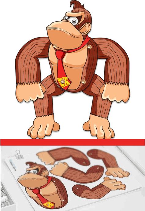 Now you With this free printable you can easily create an awesome paper puppet in the shape of Donkey Kong! Free template! Donkey Kong Printables, Donkey Kong Decorations Diy, Donkey Kong Birthday Party, Donkey Kong Party, Diy Paper Dolls, Printable Paper Toys Templates, Paper Toy Printable, Dolls Printable, Safari Camp