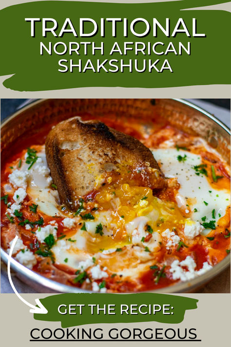 delicious breakfast dish consists of eggs gently poached in a spicy tomato sauce made with peppers, onions, and fresh herbs. Middle Eastern Breakfast Recipes, Shakshuka Recipe Traditional, Traditional Shakshuka, Traditional Shakshuka Recipe, Middle Eastern Breakfast, Easy Veggie Side Dish, Vegetarian Party Food, Shakshuka Recipe, Onions And Tomatoes