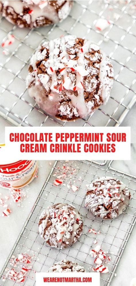 Chocolate Peppermint Sour Cream Crinkle Cookies | We are not Martha Sour Cream Icing, Shortbread Bites, Sour Cream Cookies, New Year's Desserts, Amigurumi For Beginners, Cookie Platter, Chocolate Cookie Dough, Cream Cookies, Vegan Candies