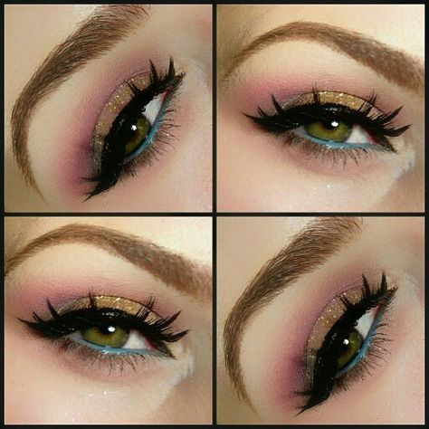 Pink gold and sky blue eye makeup with winged eyeliner.  Follow corine_mua on instagram for more details Sky Blue Eyes Makeup, Makeup With Winged Eyeliner, Sky Blue Eye Makeup, Mehndi Makeup, Sky Blue Eyes, Golden Eye Makeup, Multi Colored Eyes, Sky Blue Dress, Mehndi Designs For Fingers