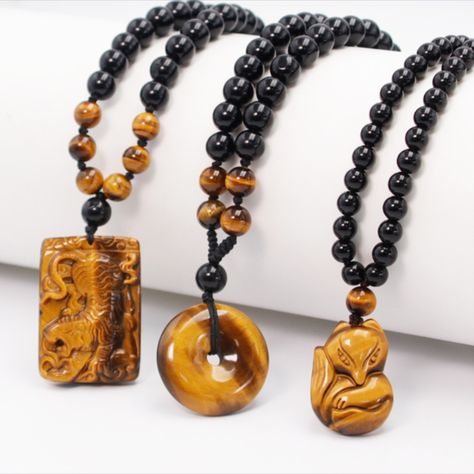 High quatity tiger eye pendant & obsidian beads necklace for men and women😍 Beaded Necklace For Men, Real Tiger, Tiger Eye Crystal, Tigers Eye Necklace, Protection Crystals, Beaded Pendant Necklace, Eye Pendant, Necklace For Men, Black Obsidian