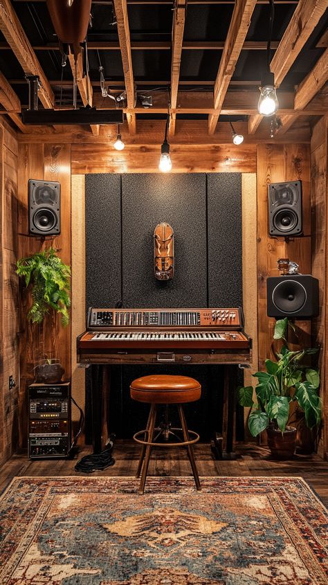 Step into Capricorn's professional home recording studio 🎶✨ A perfect blend of modern soundproofing panels and vintage microphones, with elegant wood accents and classic instruments that inspire creativity and craft. Transform your music dreams into reality! 🎤🎸 #StudioVibes #MusicMagic Small Drum Room Ideas, Cool Music Studio, Home Recording Studio Aesthetic, Studio Music Room Design, Music Studio Room Luxury, Writing Songs Aesthetic, Music Room Ideas Home Studio, Music Studio Ideas, Music Studio Room Aesthetic