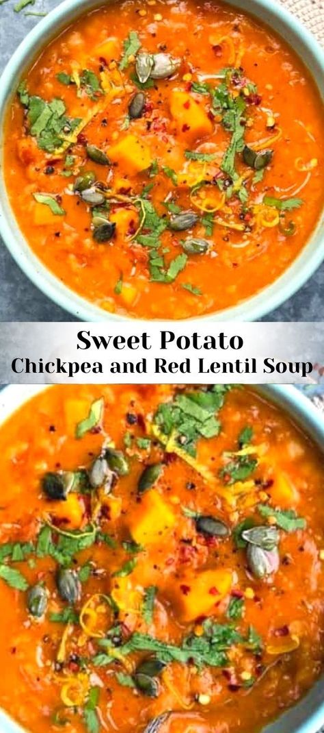 Soup Recipes Sweet Potato, Sweet Potato Soups, Potato Soup Recipes, Soup Breakfast, Recipes Sweet Potato, Red Lentil Recipes, Potato Chickpea, Sweet Potato Soup Recipes, Soup Vegan