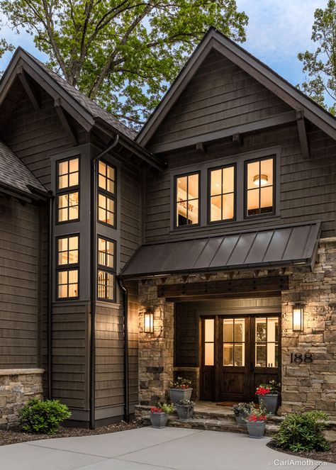 Dark Brown Home Exterior, Dark Craftsman Exterior, Brown Exterior House Colors, Rustic Exterior House Colors, Adirondack House, Craftsman House Exterior, Rustic House Exterior, Cottage Stairs, Academia Library