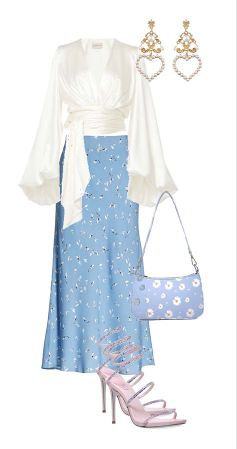 Midi blue skirt paired with a white silk top, wrap heels and a blue clutch Semi Casual Outfit Women, Formal Dinner Outfit, Semi Formal Outfits For Women, Semi Casual Outfit, Blue And White Outfits, White Outfits For Women, White Silk Top, Semi Formal Outfits, Modesty Outfits